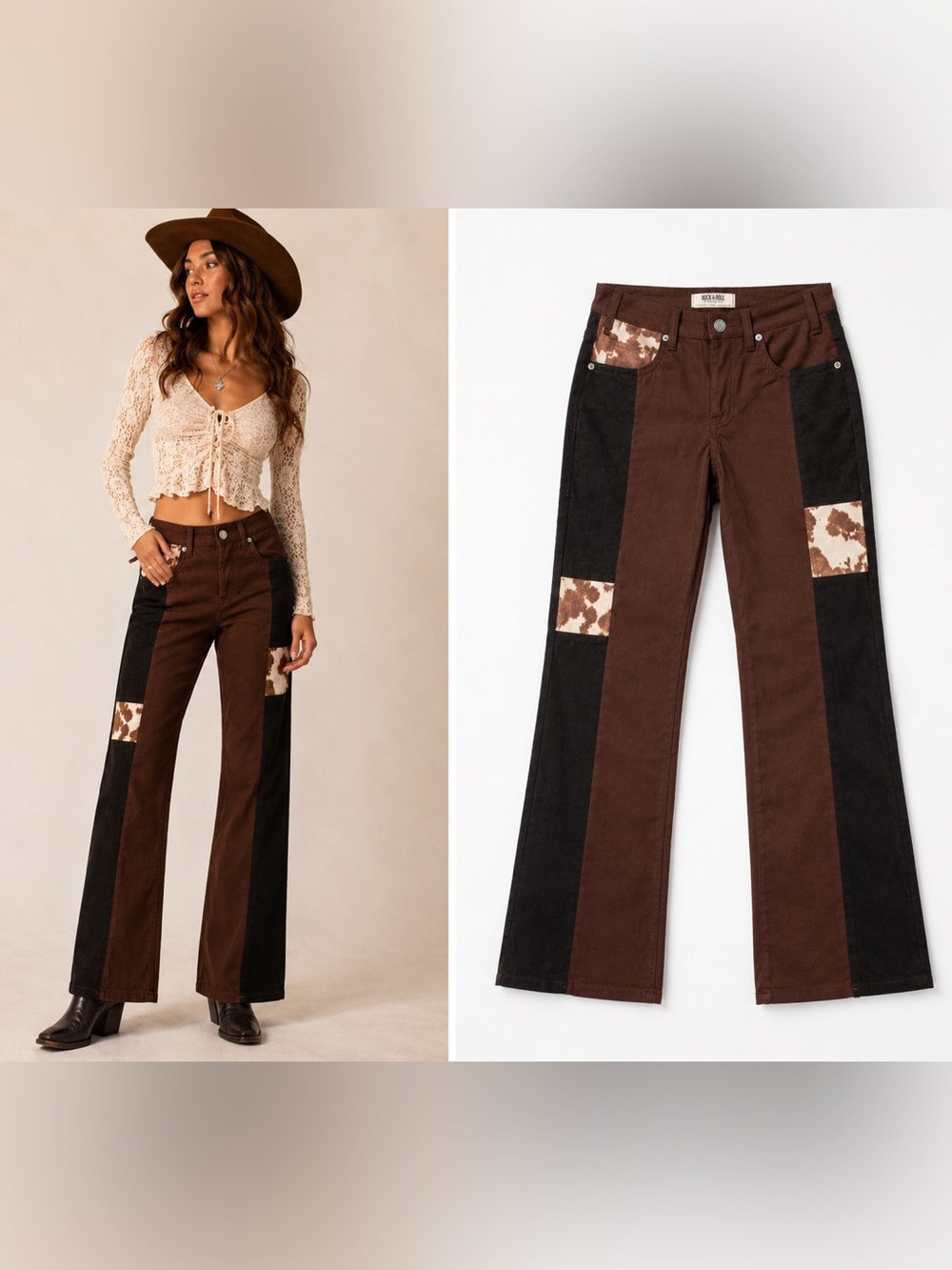 Rock & Roll Denim High Rise Crop 26 Brown Cow Print Calf Hair Western Colorblock